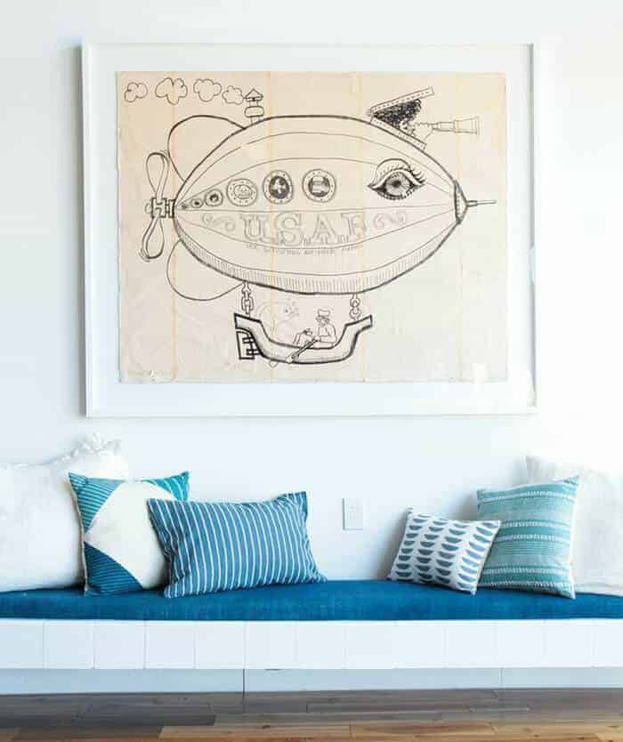Pillows_ Bench Midcentury Modern Emily Henderson_Blue White Cream Striped Pattern