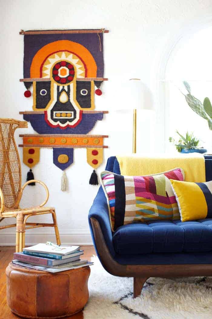 blue tufted sofa