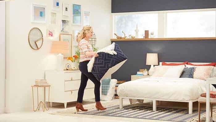 Target Emily Henderson_bedroom_whiteblue orange casual calm bed styling