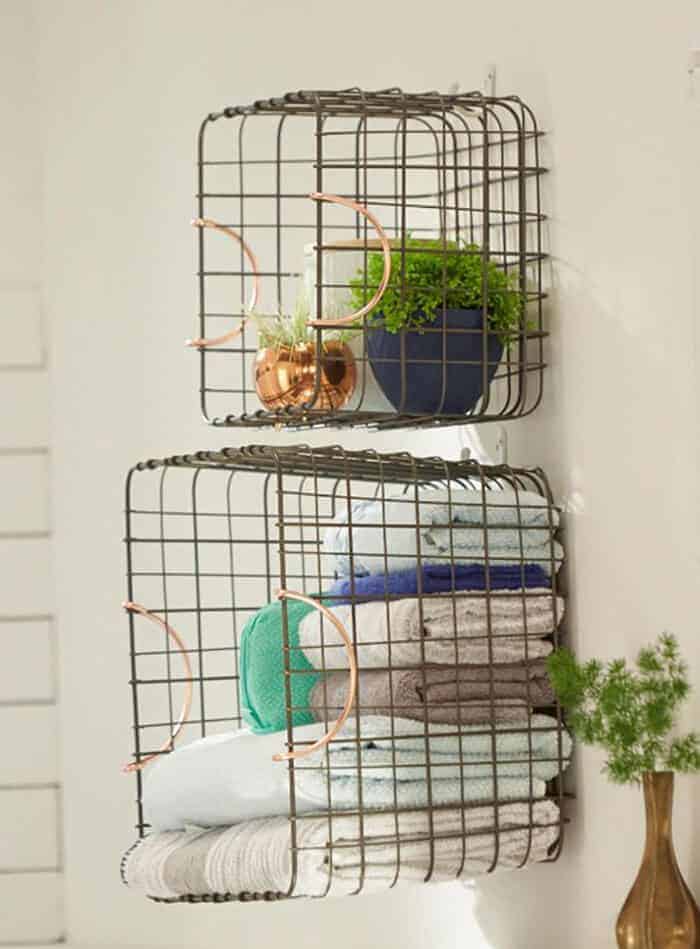 Target_Emily Henderson_Bathroom_Blue White Green Eclectic Bohemian_metal hanging baskets storage