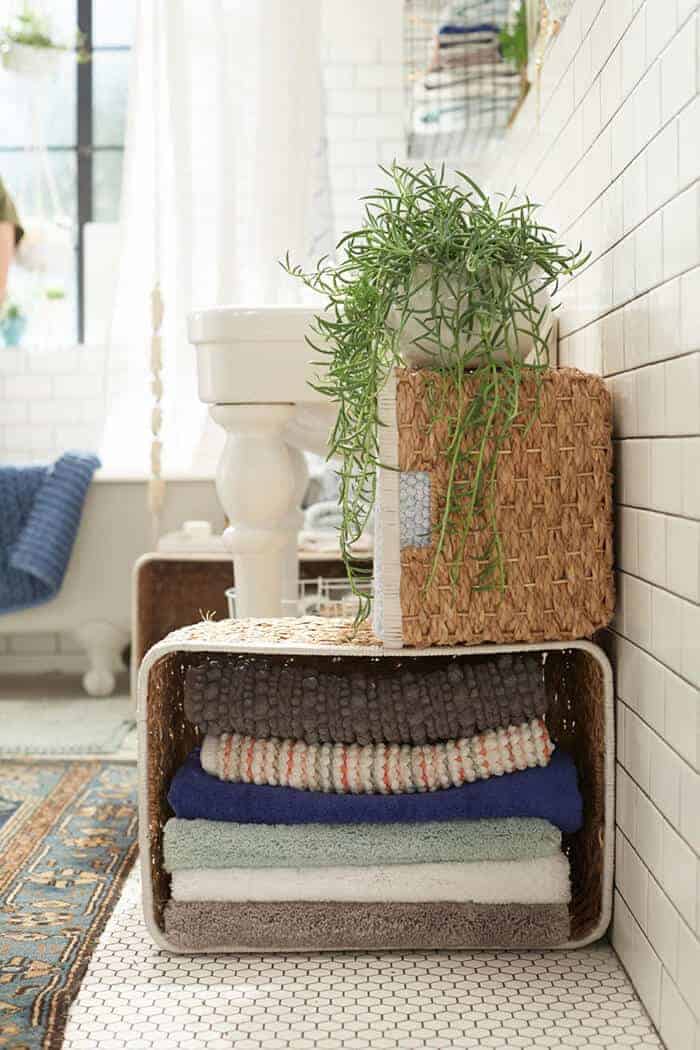 Target_Emily Henderson_Bathroom_Blue White Green Eclectic Bohemian_storage baskets floor